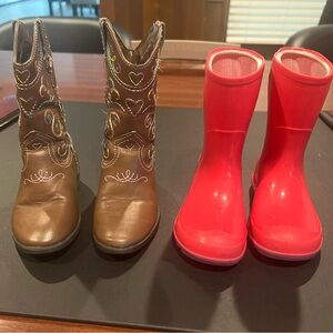 1 pair of American eagle cowboy boots size 6, 1 pair of pink rain boots size 5-6